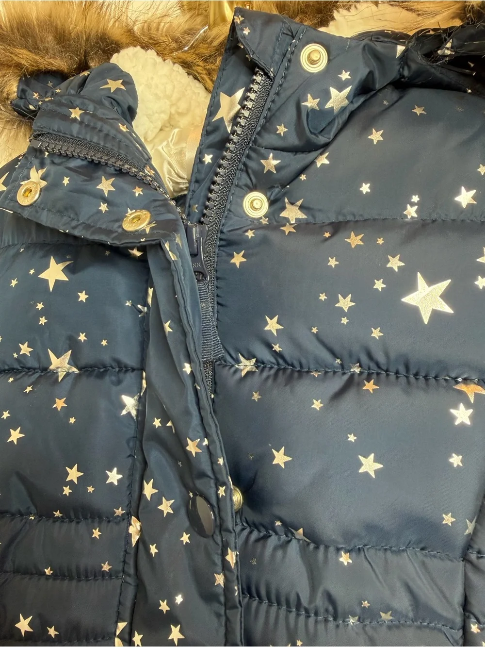 Girls' Navy Star-Print Hooded Puffer Coat with Faux-Fur Trim